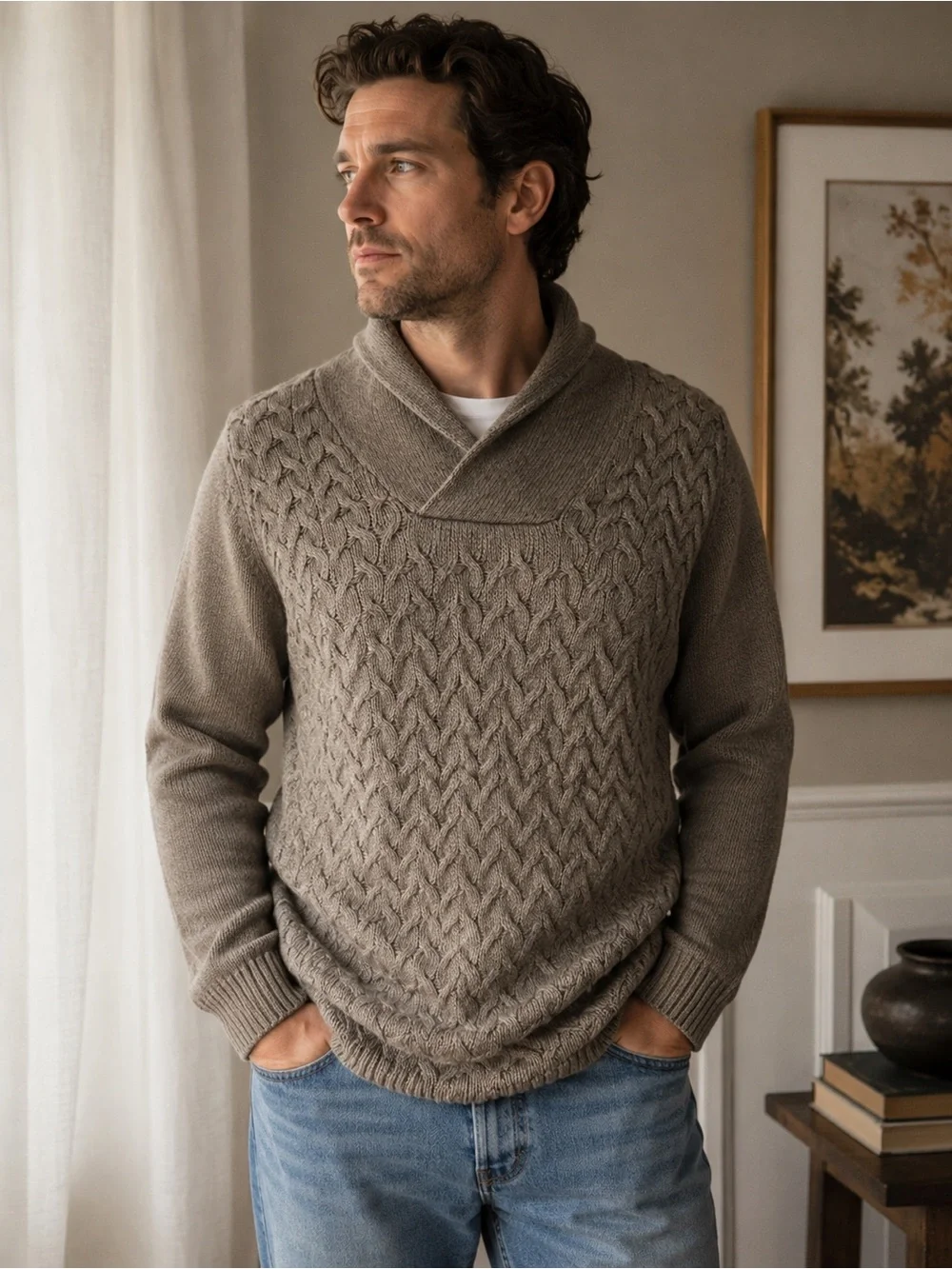 Soft Cotton Mens Banana Republic Shawl Collar Cable Knit Sweater in Taupe